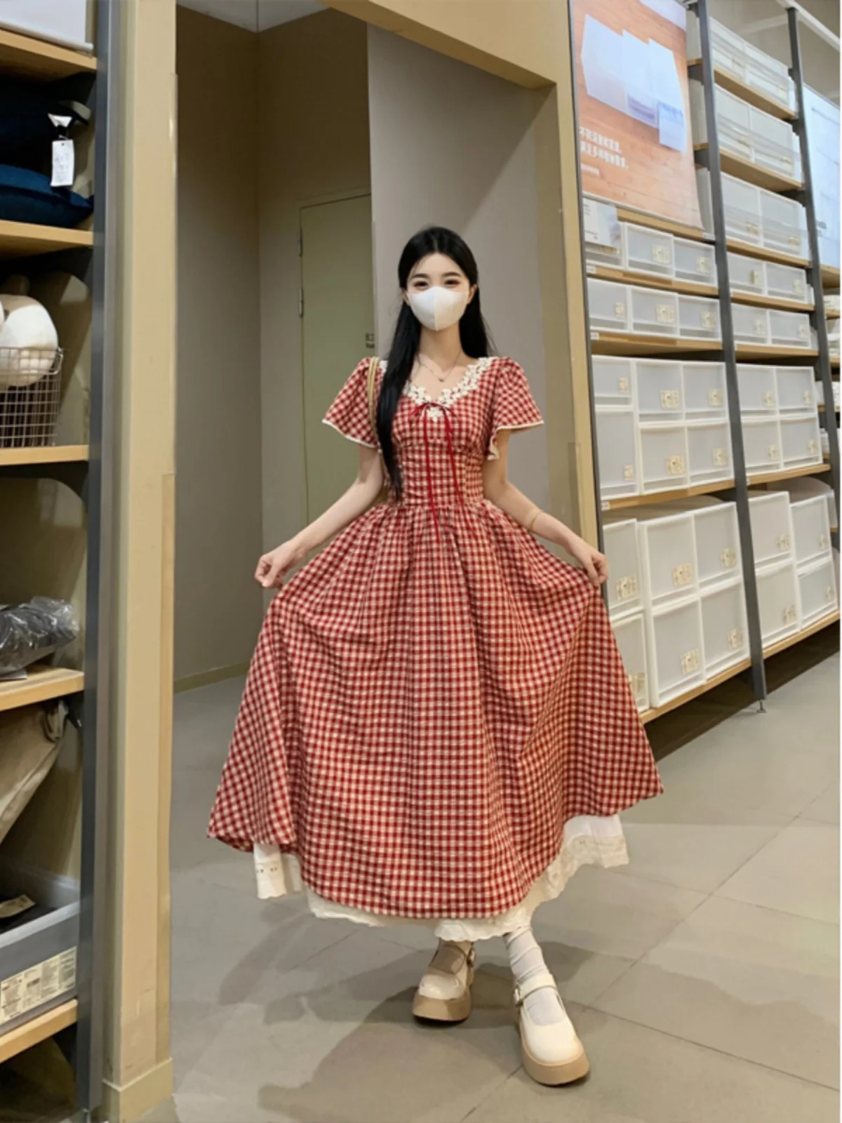 Jupe longue trapèze cintrée à carreaux rouges pour femmes, garniture en dentelle douce, nouvelle collection d'été, collège Dr v-ne ort Sve