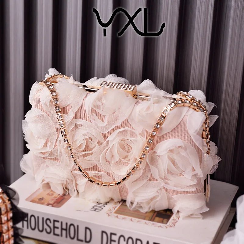 Borsa per la cena con fiori in Chiffon pochette da donna con champagne borsa per abiti fatta a mano borsa per decorazioni con diamanti