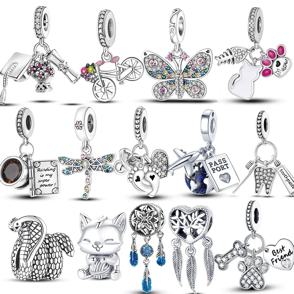 Silver Plated CZ Dangle Baby Footprints Animal Pendant Charm Bead Fit Original Bangle Bracelet Necklace Gift DIY Making