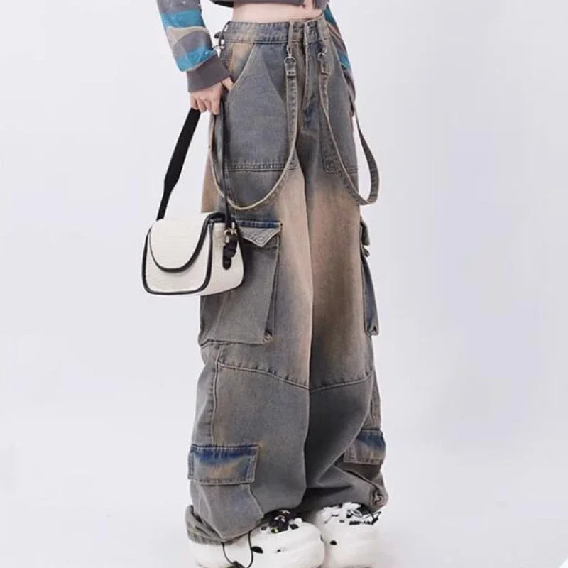 

Women Jeans American Fashion Do Old Loose High-waisted Wide Leg Full Length Baggy Pants Female High Street Denim Cargo Trousers