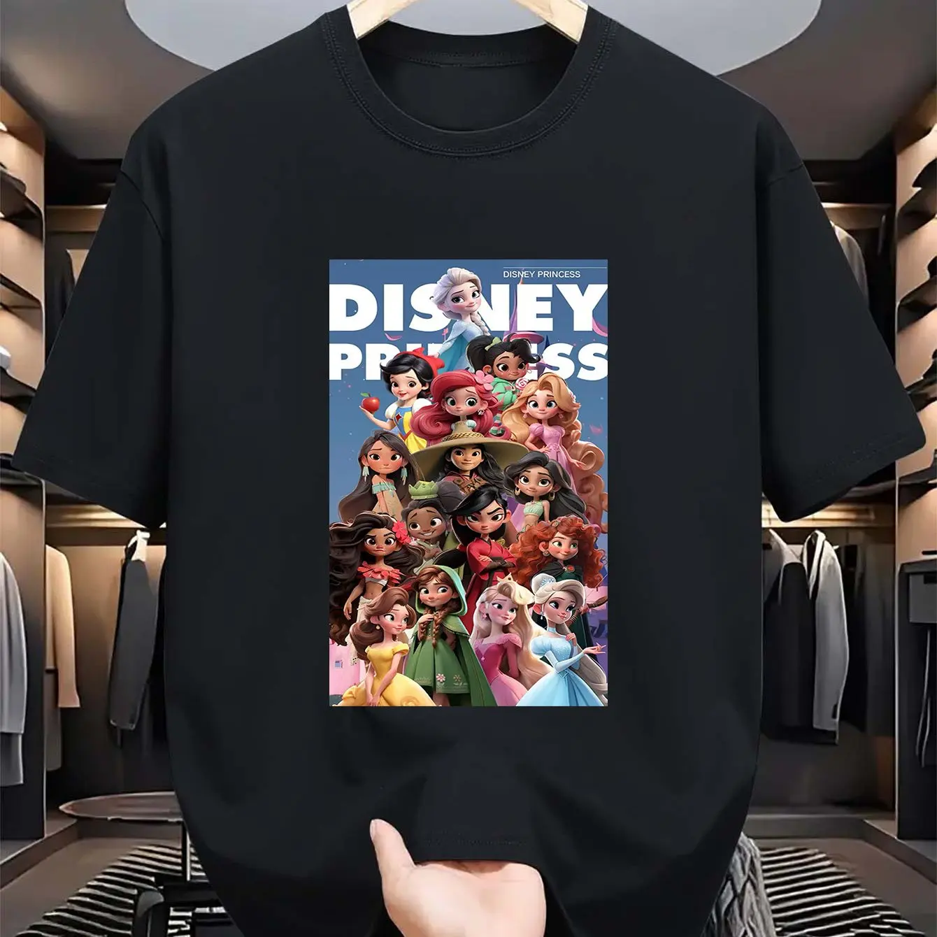 

Disney Princess Graphic Printing Summer Autumn Winter Cotton Men's and Women's T-Shirts Short Sleeves Luxury Outdoor Sports