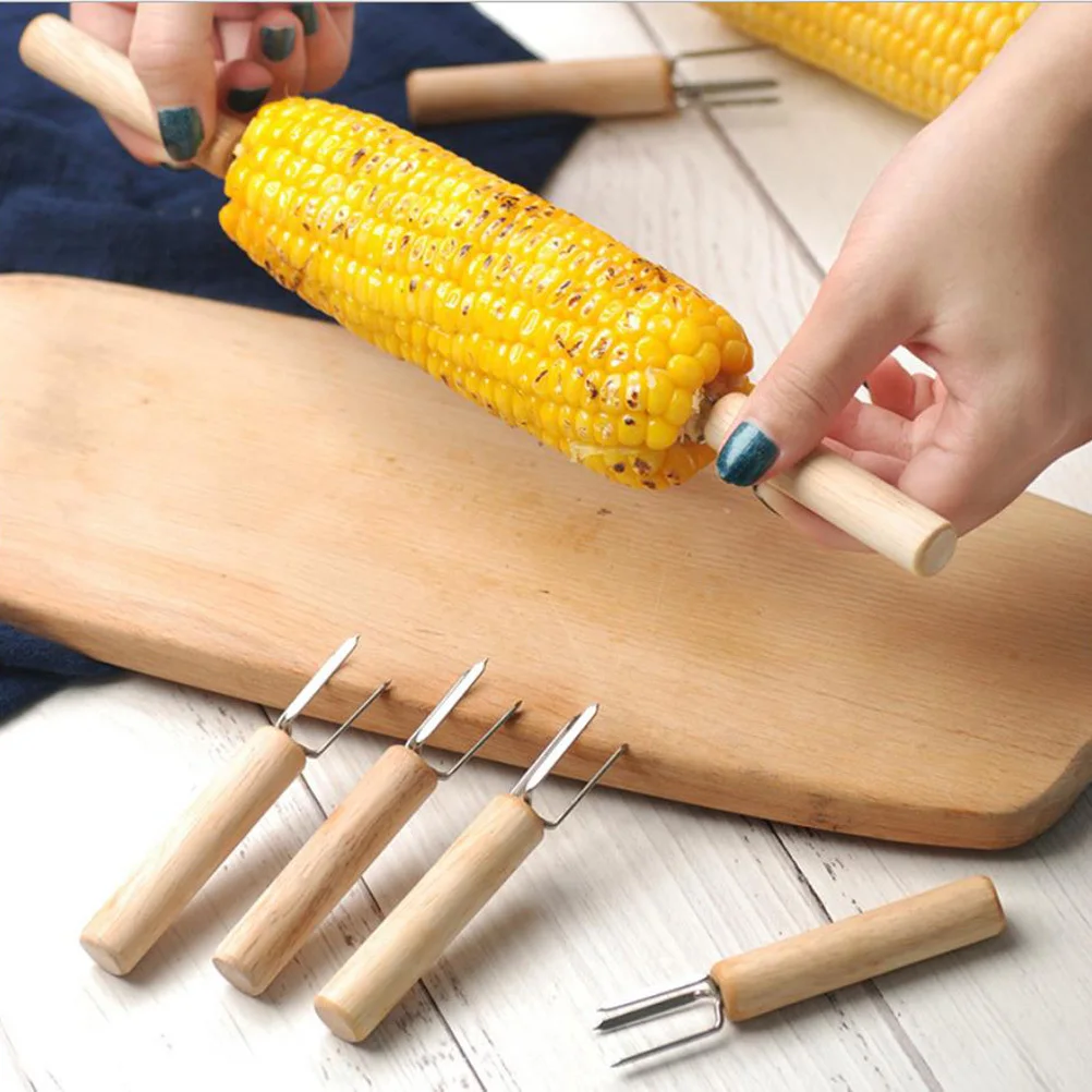 Tenedores de maíz para barbacoa de acero inoxidable, mango de madera perfecto para barbacoa al aire libre, mermelada de tostadas, soporte para tenedores de comida y miel, 5 uds.