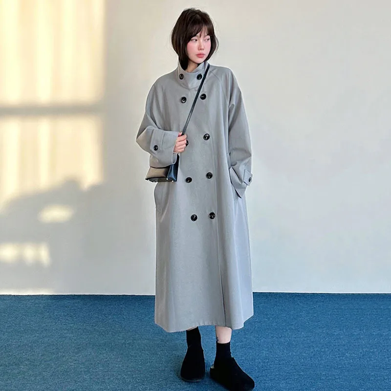 DEAT Fashion Khaki Simple Trench Coat Women's Stand Collar Loose Long Sleeves Double Breasted Gray Windbreaker New Tide 7AB8347