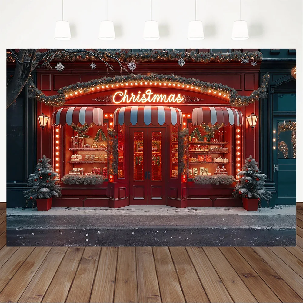 خلفية التصوير الفوتوغرافي لمتاجر هدايا الكريسماس ، متجر قصب الحلوى الحمراء ، خلفية لمعان الشارع ، استوديو فوتوزون للشتاء
