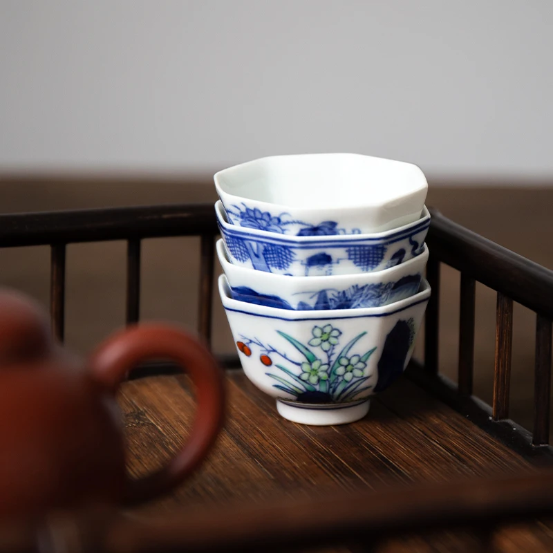 Imagem -04 - Jingdezhen Pintados à Mão Azul e Branco Copo Octogonal Antique Kung fu Tea Cup