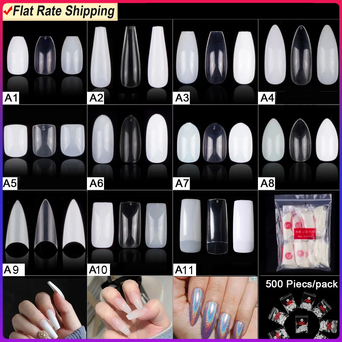 

500pcs/pack Short Nails Full Cover Fake Nail Tips Long Coffin Nail Half Cover False Nails Ballerina Nail Tips Art Tips Nails