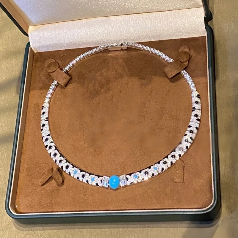 

BELLUX Fine Jewelry Black Enamel Blue Turquoise Necklace s925 Silver Gold Plated Synthetic Zircon Fashion Necklace