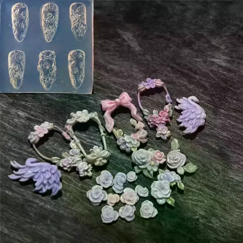 1Pcs 3D Silicone Mold Lace Bow Strawberry DIY Nail Art Cartoon Rabbit Flower Design Tool Transparent Manicure Decor