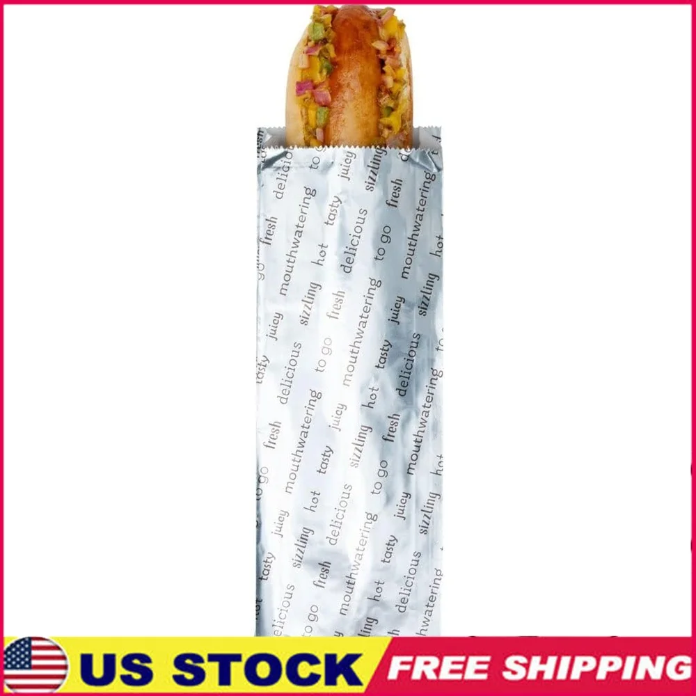 

Large Greaseproof Foil Hot Dog Bags 100 Pack Heat Resistant Freezer Safe Printed Food Wrappers Ideal Parties and Events