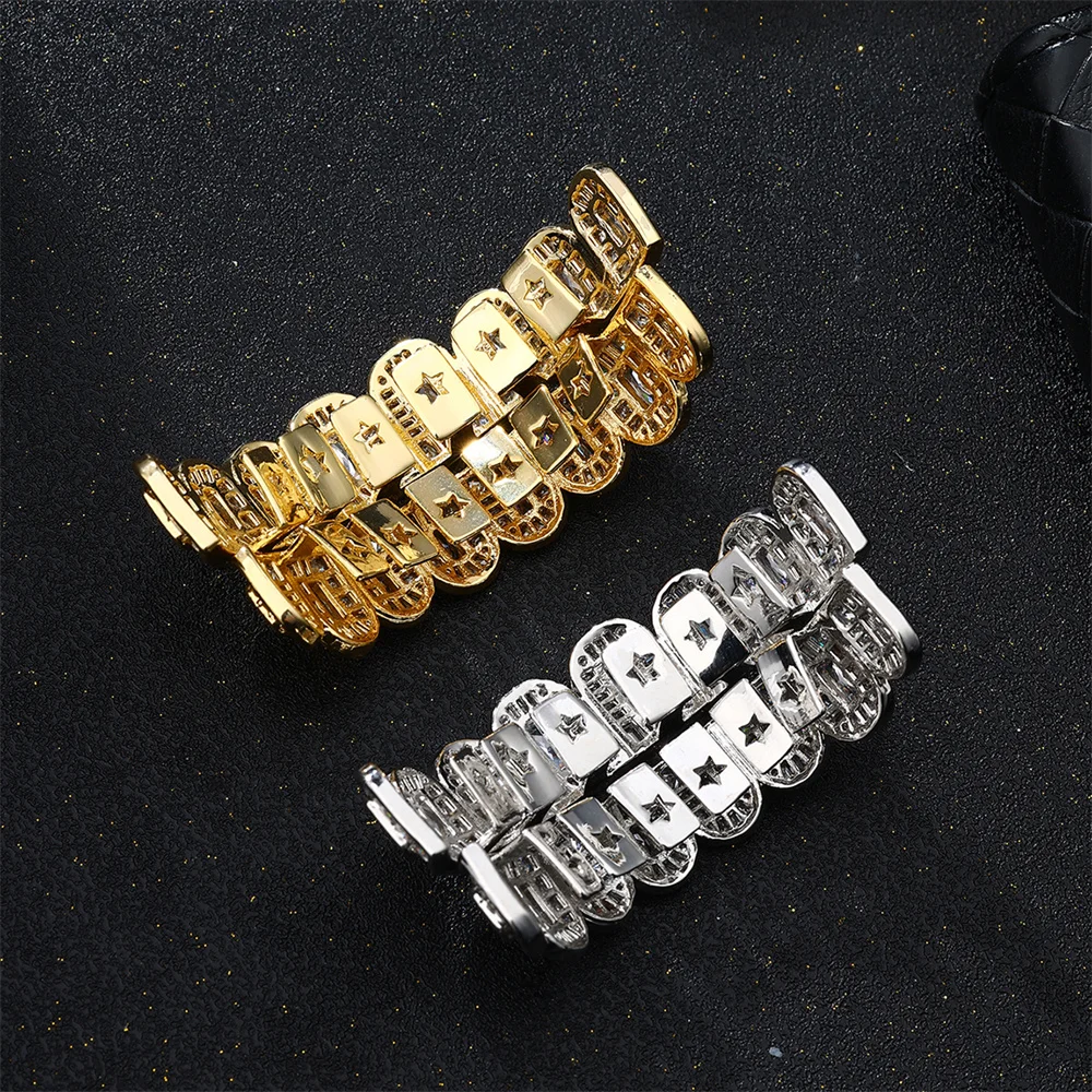 D&Z Hip Pop Luxury Full Iced Out Square Cubic Zirconia Stones Grills Teeth For Men Women Rapper Fashion Grillz Jewelry