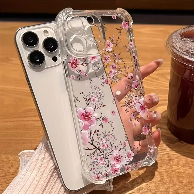 Pink Floral Print Phone Case For iPhone 18 17 16 15 14 13 12 11 Pro XS Max X XR Plus Air Four Corners Airbag Shockproof Cover