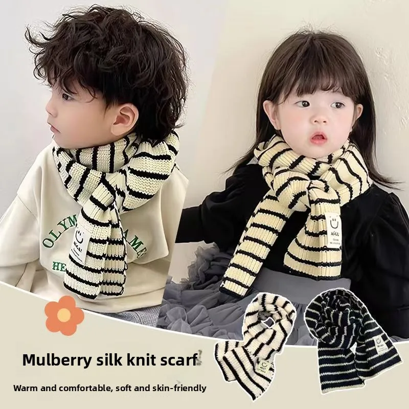 

2025 New Baby Scarf Striped Smiley Face Fleece Lined Warm Children's Shawl Fashionable and Trendy Kids Neck Warmer Gift Miniso