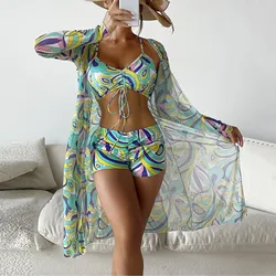 Bandage High Waist Bikini Set Cover Up Swimsuit For Women Push Up Long Sleeve Three Pieces Swimwear Beach Bathing Suits