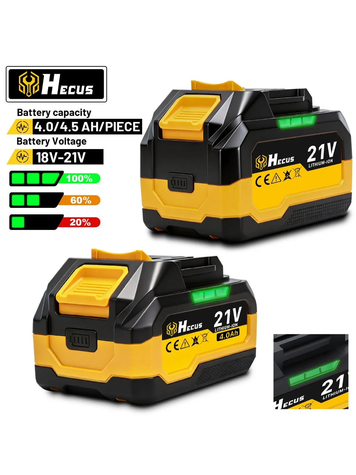 Hecus 4.0AH 4.5AH Wiederaufladbarer Lithium-Akku mit LED-Anzeige, Elektrischer Akkupack für Schraubenschlüssel und Säge, Kompatibel mit Makita 18V Batterie