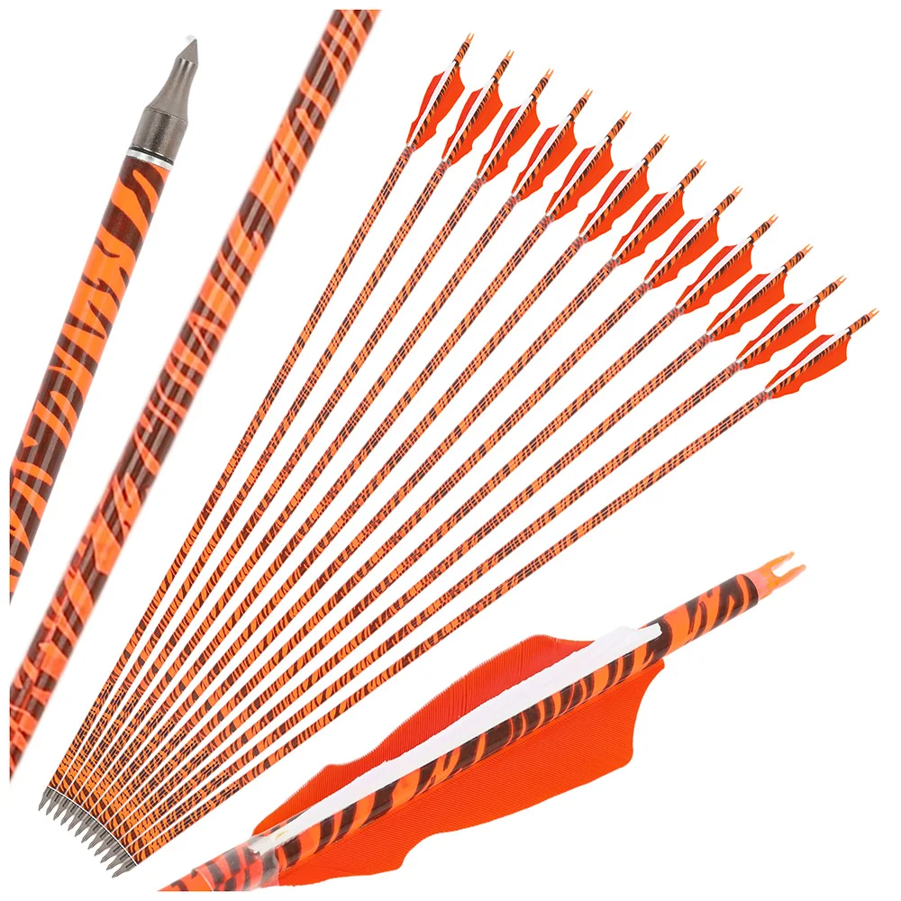 

6/12PCS 30inch Leopard Print Carbon Arrow 500SP Spine with 4inch Barbed Feathers for Indoor Outdoor Archery Competition Hunting