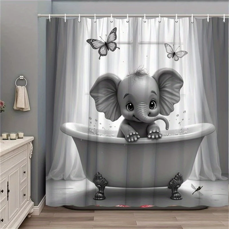 

1pc Baby Elephant Shower Curtain - Butterflies, Dragonfly, Soft Lighting, Playful Design, Polyester, 70.8x70.8In, 12 Hooks