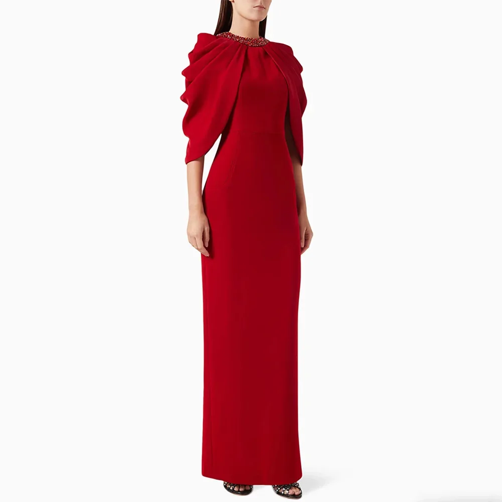 

In-stock celebrity evening gown 2026 batwing sleeve shawl sleeve slim fit beaded red long dress