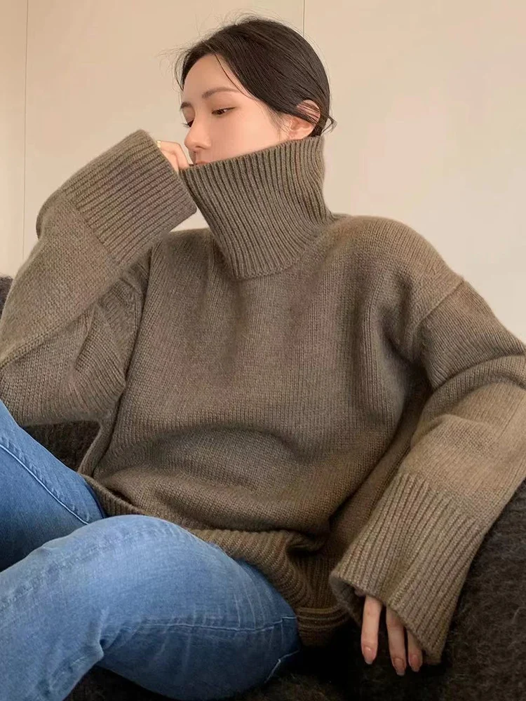Maillard 100% pure wool sweater for women, loose and thick, lazy style base, knitted silhouette, high neck sweater