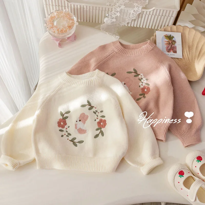 

Autumn Winter Girls' Knitted Sweater Comfortable Long Sleeved Tops Embroidery Pullover Children Clothes 7 To 12 Years New Trendy