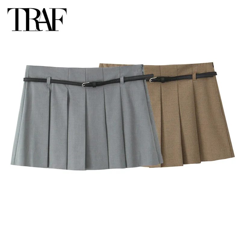 TRAF Mini Skirts 2024 Summer Women\'s Elegant Pleated Belt Skirt Shorts Ladies Fashion Casual  Grey Brown Short Skirt Pants