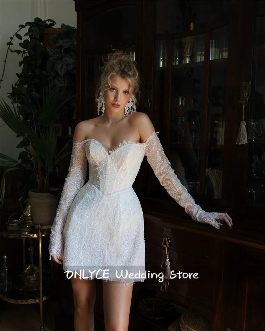 جديد فاخر الدانتيل فستان الزفاف البسيط مثير الحبيب كم طويل زي العرائس خط قصير المشاركة حفلة موسيقية فستان مخصص