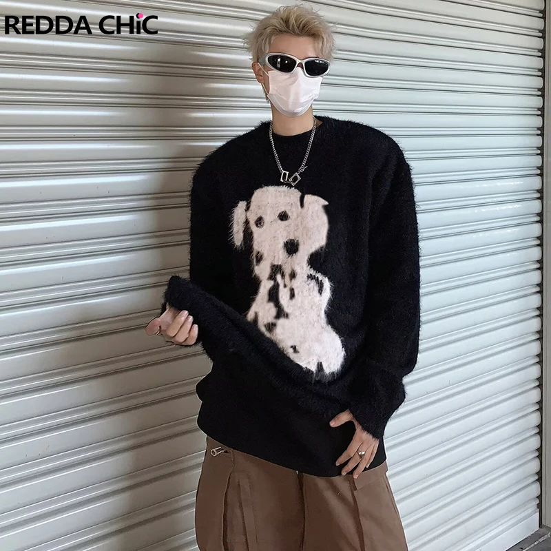 

REDDACHIC Dalmatian Dog Crochet Mohair Sweater for Men Retro Black Round Neck Long Sleeves Oversized Jumper Top Casual Knitwear