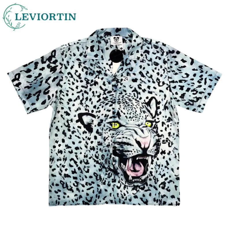 

Men's European and American fashion trend brand three-dimensional leopard head print Cuban collar retro short sleeved shirt