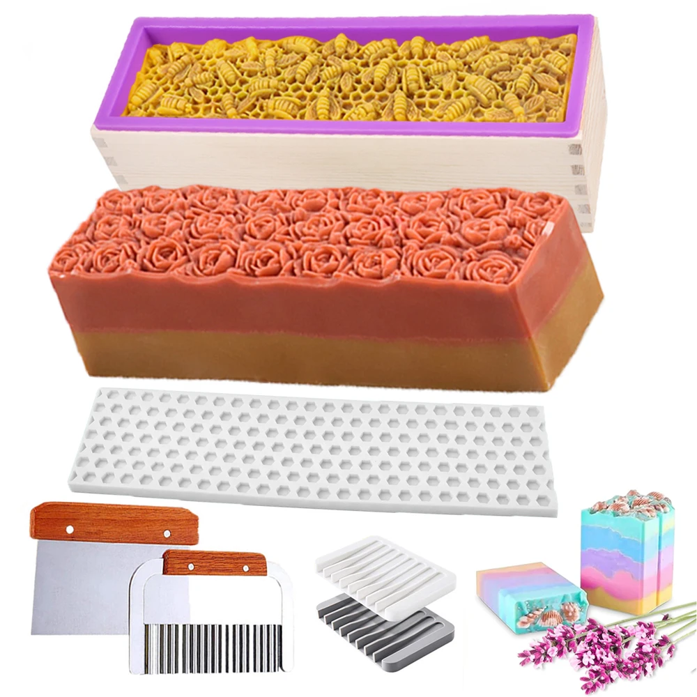 1.2L Wooden Box Soap Mold Making Kit Stainless Steel Wavy+straight Cutter Soap Making Tool DIY Rose Honeycomb Mat Soap Decor