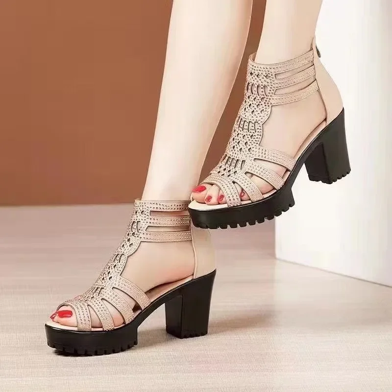 2024 New Women\'s High Heel Sandals Summer Hot Sale Rome Sandals Fashion Hollow Platform Lady Shoes Casual Zip Blings Dress Shoes