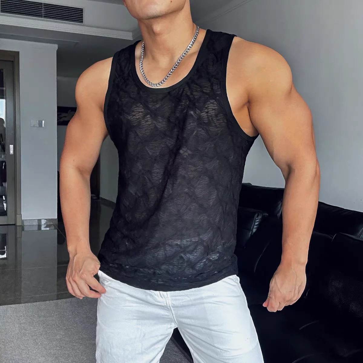 Sexy Sleeveless Knitted Camisole Stage Outfits Men's Loose Fitting Hollowed Out Vest Breathable Fitness Muscles Tank Tops