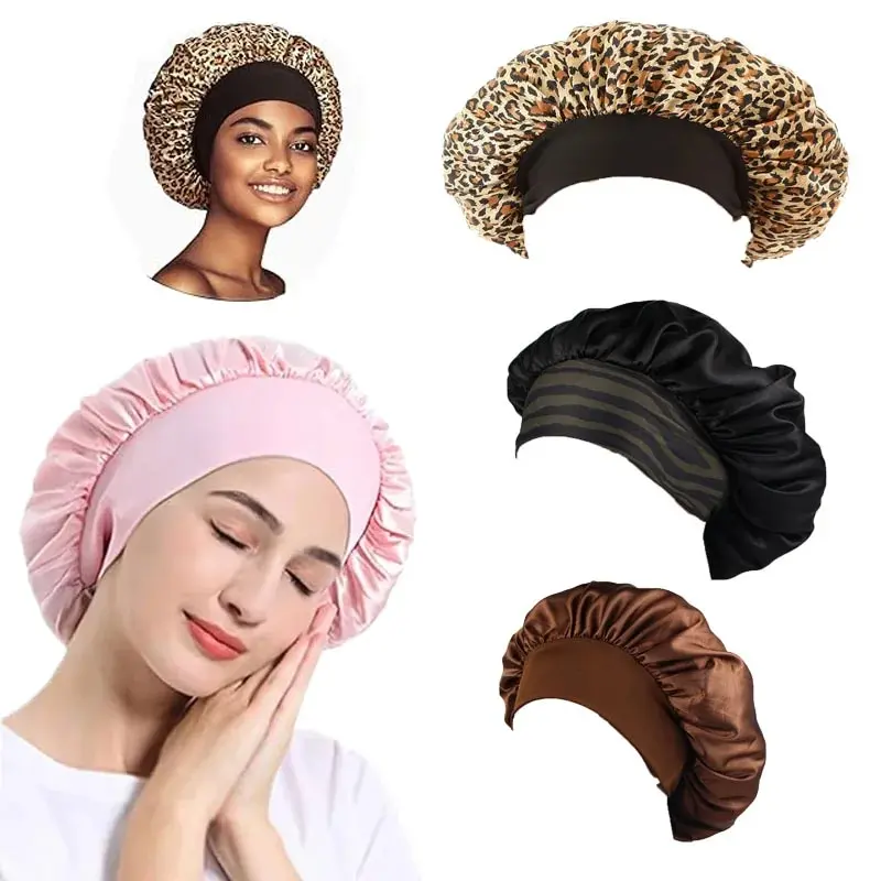 Satin Bonnets Night Sleeping Cap Large Elastic Wide Soft Band Colorful Silk Hat for Curly Hair Care Beauty Makeup for Women