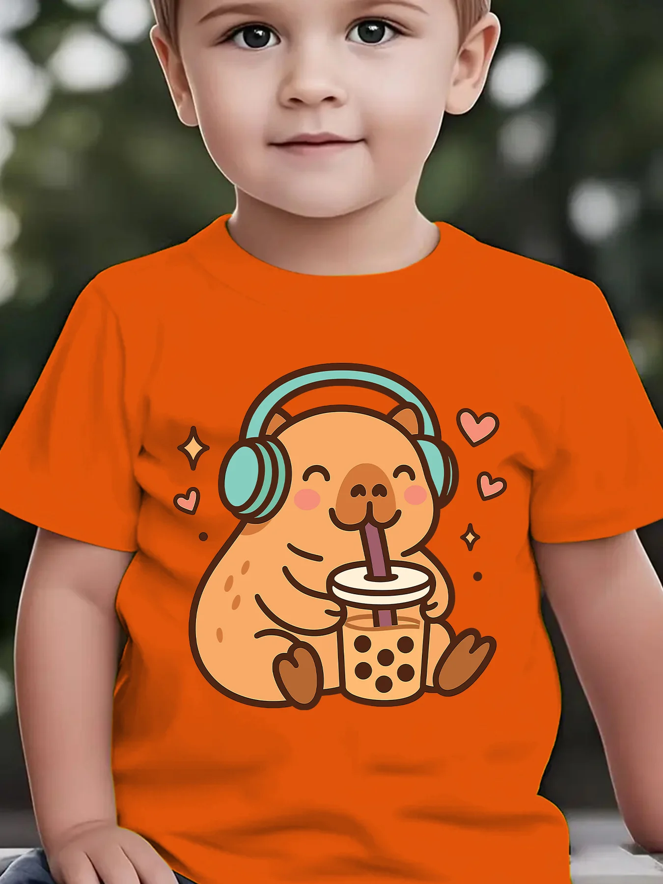 Cute Music Capybara Drinking Milk Tea T Shirt Boys Girls Family Matching Soft Cotton Short Sleeve Sweet Children Basic Daily Top