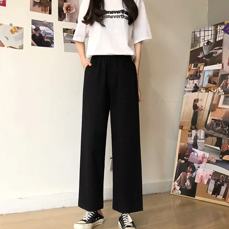 Korean Style Retro Pants Women Loose Casual Solid Color Straight Ankle-length Trousers Office Lady Versatile Sweatpants Female