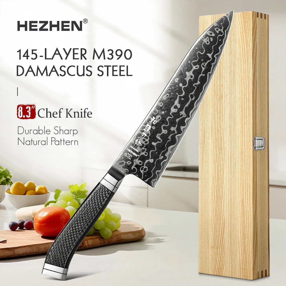 HEZHEN Ultimate Series 8.3 Inches Chef Knife 145-Layer M390 Core Damascus Carbon Fiber Handle DLC Coated