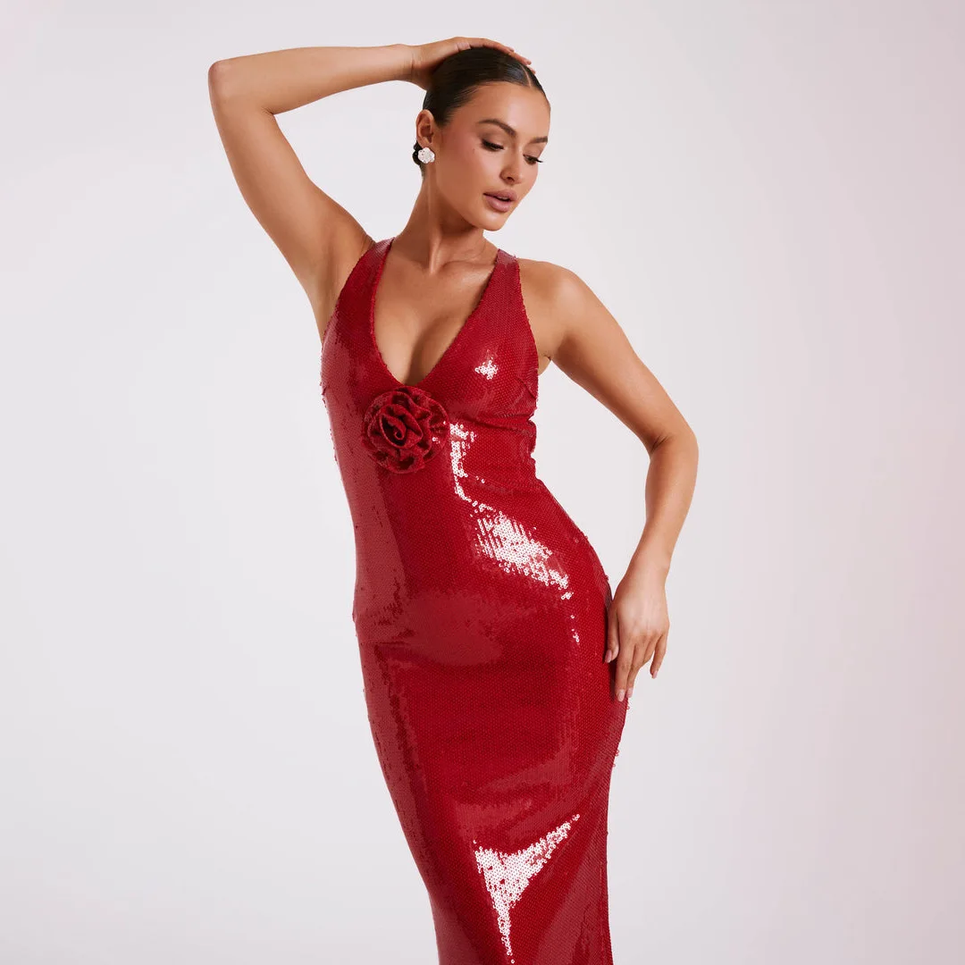 New Hollow Backless Party Sexy Dress With Red Sequin Slit Dress, Three-dimensional Flower Long Skirt On Chest