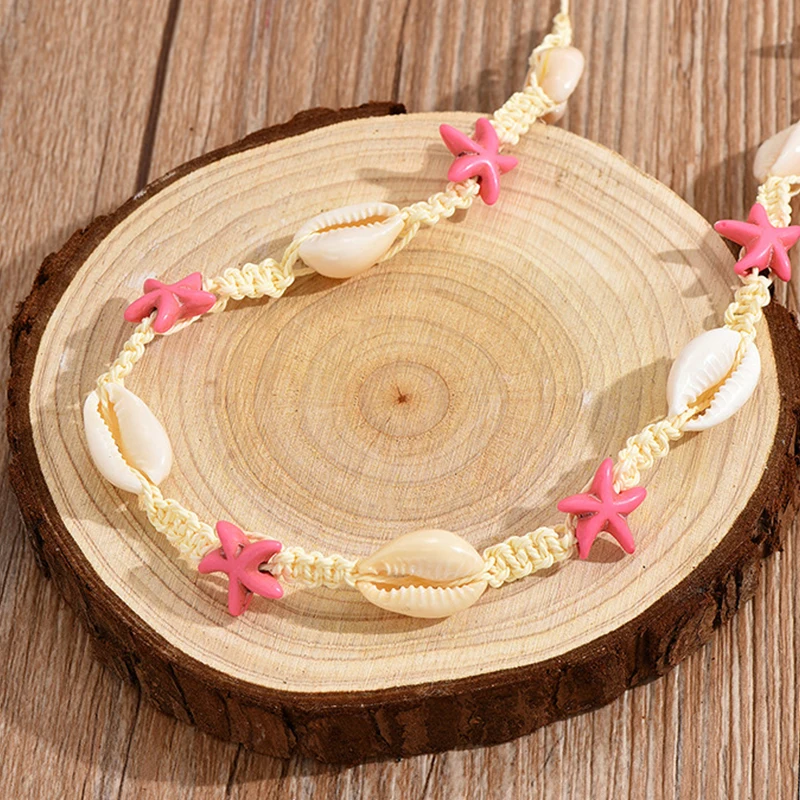 Kiss Jewelry Bohemian Summer Beach Shell Choker Necklace for Women Pink Starfish Seashell Weave Rope Chain Necklace Collar Gift