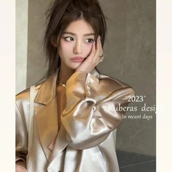 Women's Autumn and Winter French Style Short Satin Blazers Coats Vintage Casual Solid Color Loose Fitting Suit Collar Jackets