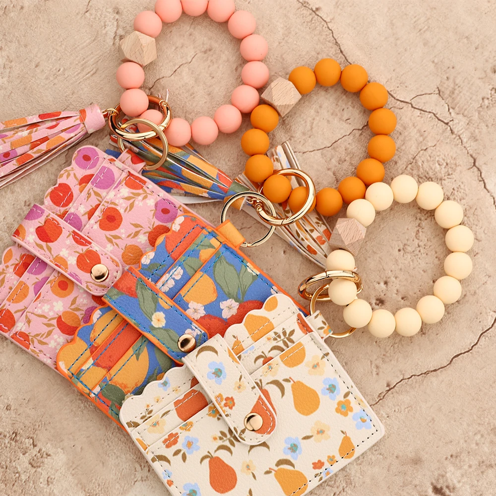 2025 Silicone Bead Bracelet Ocean Print Leather Card Bag Wristlet Keychain Mushroom Fruit Leather Wallet Bangle view 4