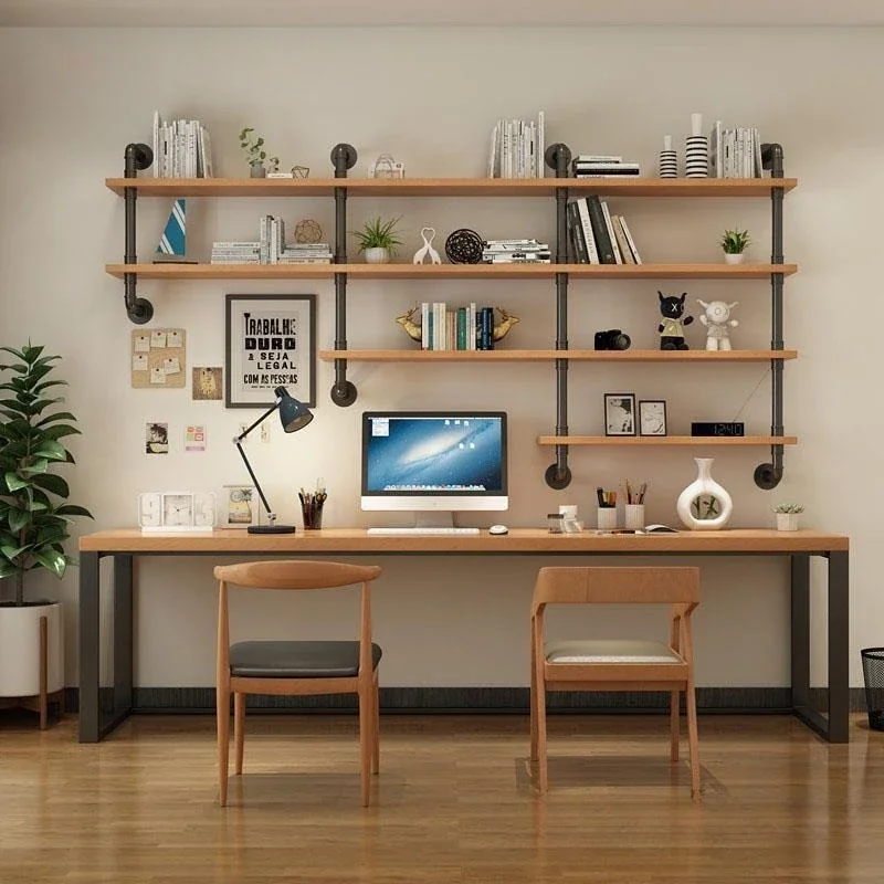 wood desk bookshelf combination, double wrought iron computer desk, household simple bookcase