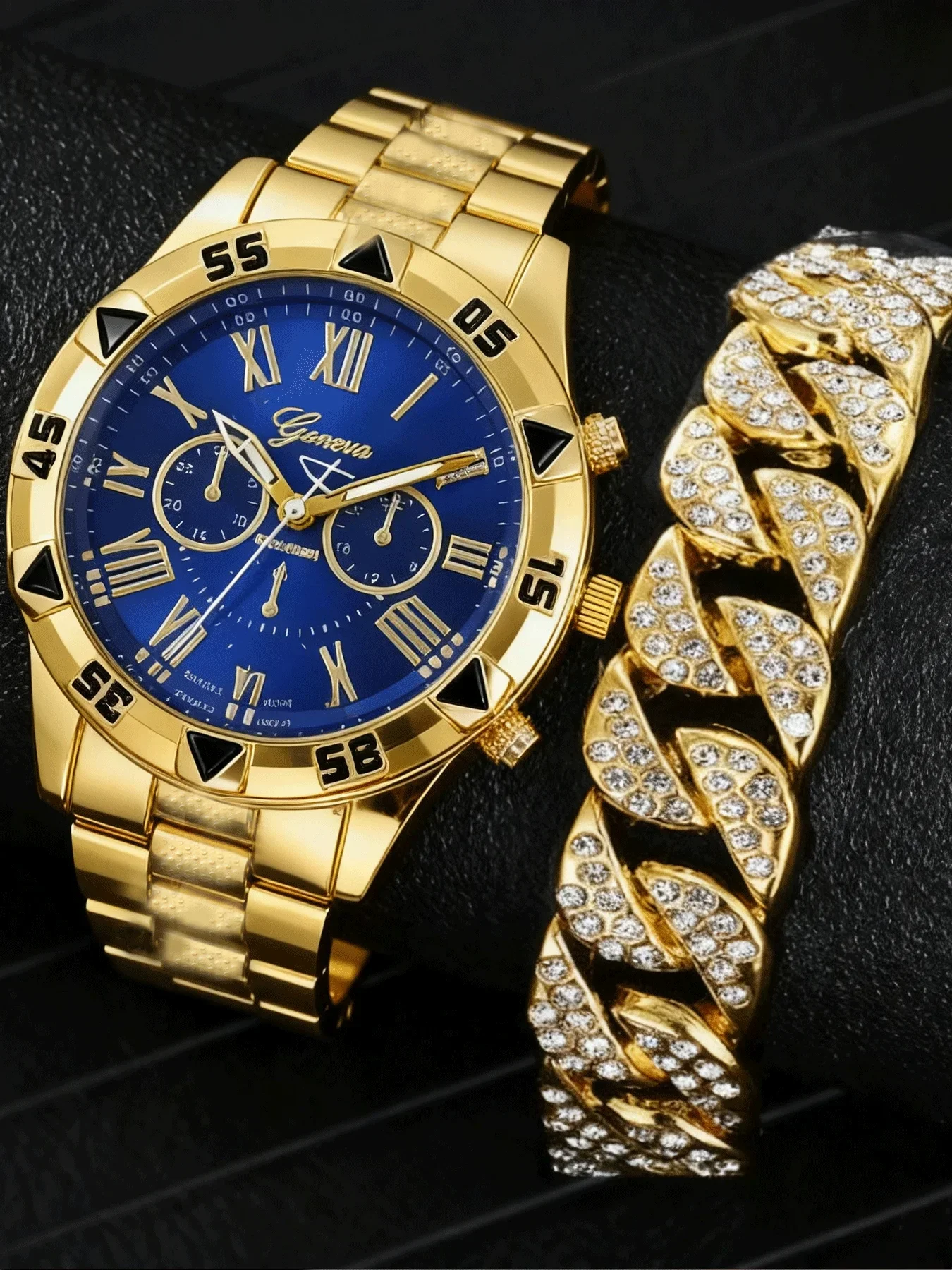 Men Geneva Blue Dial Watch Set With Iced Cuban Bracelet 2Pcs Gift