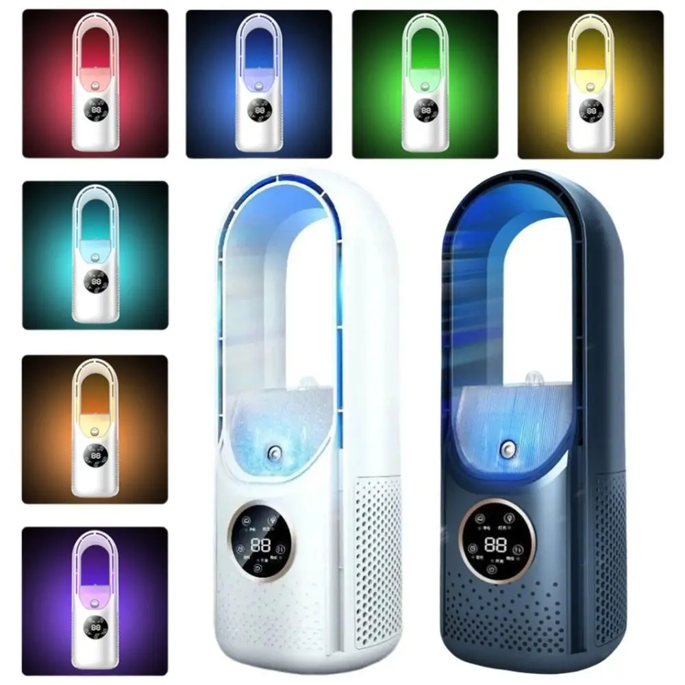 Blattloser Tisch-Luftbefeuchter-Ventilator mit 6 Geschwindigkeiten, farbigen Lichtern, leisem Sprühnebel, digitaler Anzeige, Timer und tragbarer Klimaanlage