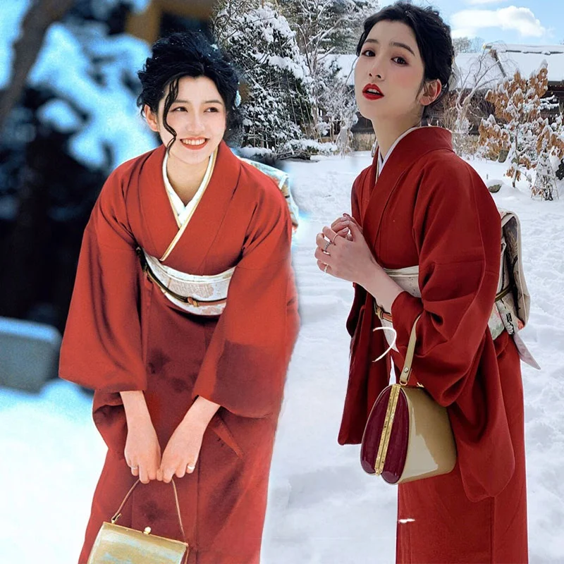 

Red Kimono Girls Formal Traditional Japanese Outdoors Photoaphy Theme Youthful Spring Summer Polyester Epie of Elegance