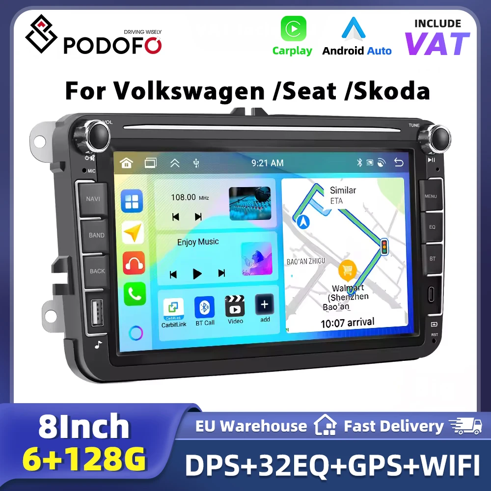 Autoradio Podofo 8 pouces Carplay 6+128G pour VW Seat Skoda PASSAT B6 B7 Superb Octavia Fabia GPS FM Stéréo 2din