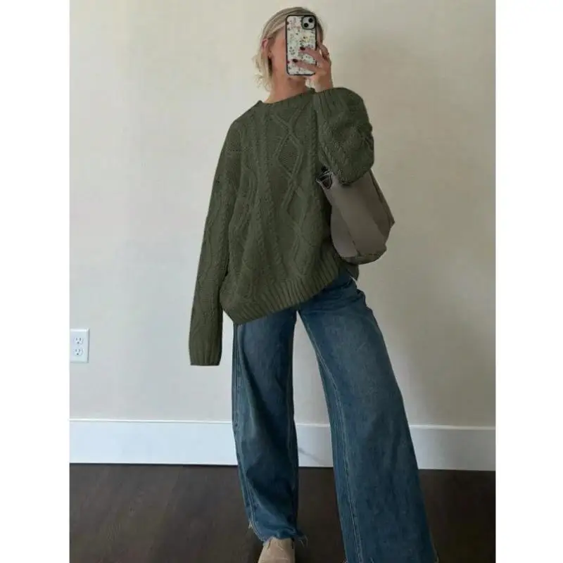 

M 84909 Women's een round Ne Twisted Ne Knitted Sweater Autumn Winter Faion Ciwalk Collar Deformable Coolmax F...