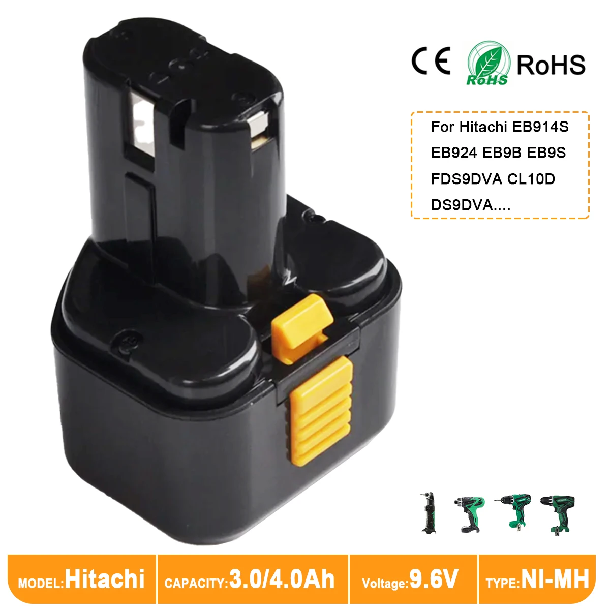 Ni-MH аккумуляторная батарея 9,6 В, 3000 мАч/4000 мАч для электроинструментов Hitachi EB912S EB914S EB924 EB9B EB9S FDS9DVA CL10D DS9DVA