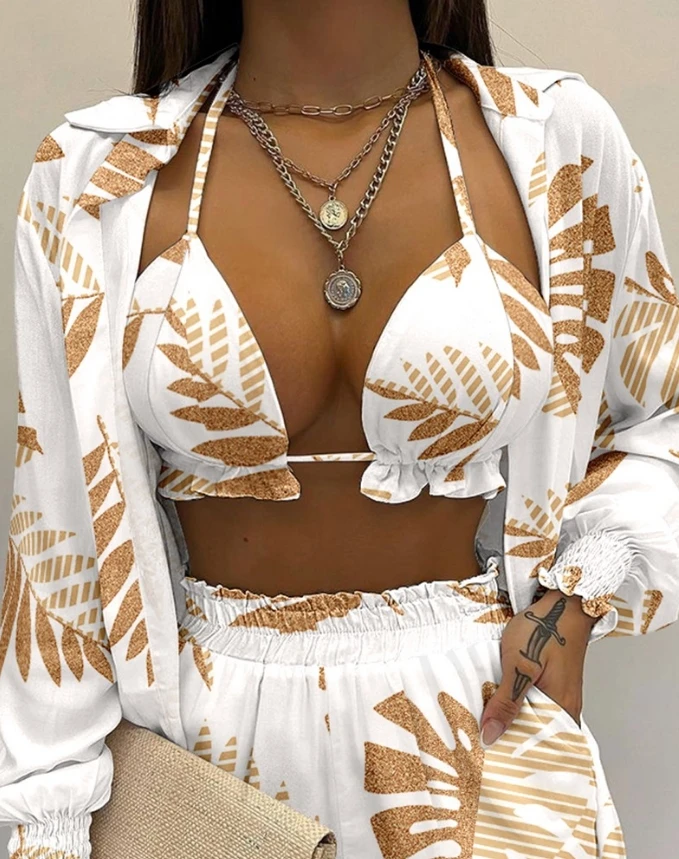 Women\'s Beach Suits 2024 Summer Latest 3Pcs Tropical Leaves Print Crop Top&pocket Design Shorts Set with Lantern Sleeve Shirt