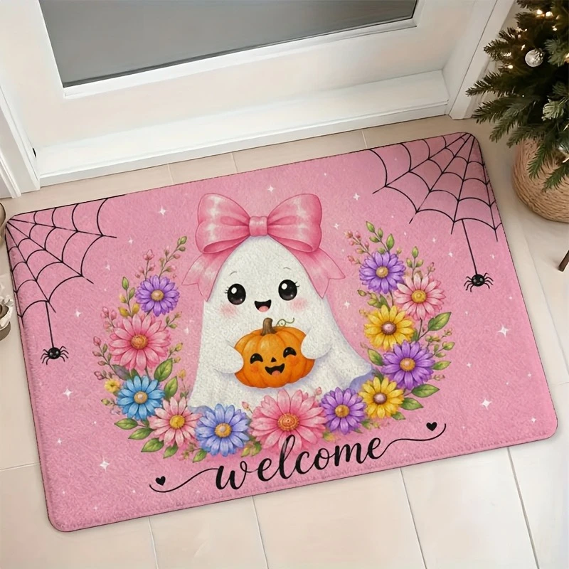 Sweet Pink Halloween Decorative Floor Mat Welcome Ghost Bow Pumpkin Floral Spider Web Print Home Entryway Indoor Holiday Decor