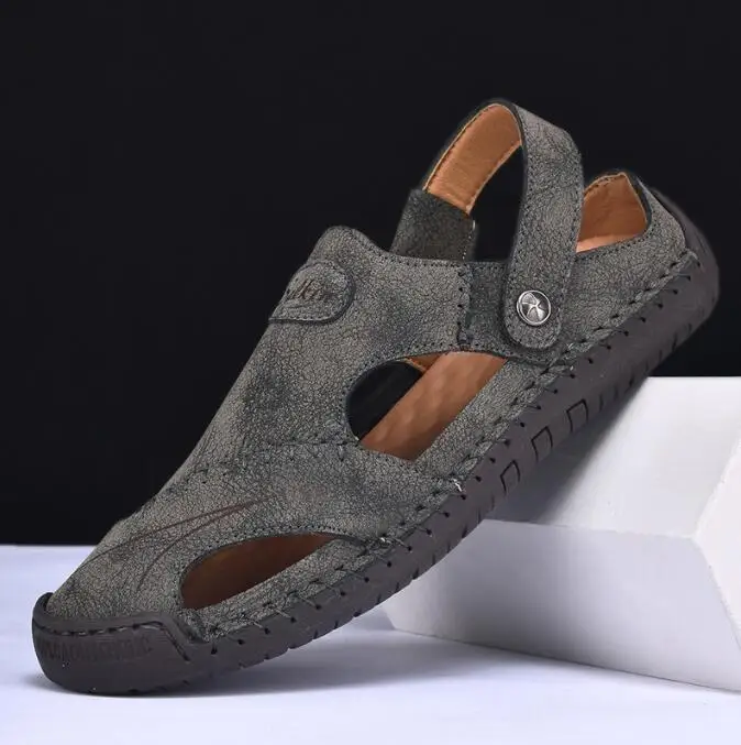 

HQFZO Men's Handmade Summer Sandals Breathable Leather Shoes Outdoor Antiskid Beach Footwear for Men Fashionable And Comfortable