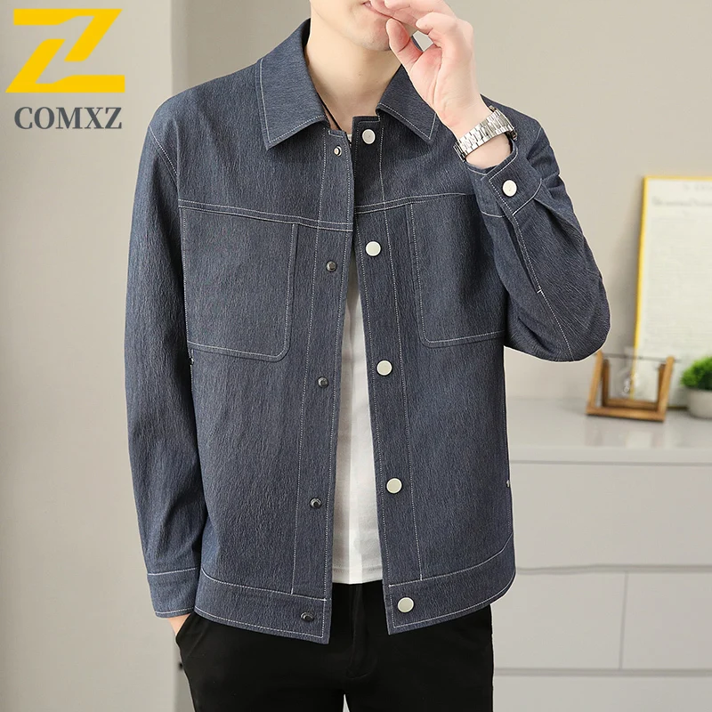 COMXZ 2025 Mens Jackets Casual Hiking Topstitch Workwear Windproof Jacket Premium Turndown Collar Loose Fit Lightweight Coat​