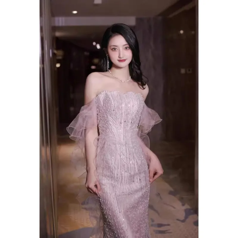 

Pink Mermaid Long Prom Gowns Women Elegant Off-Shoulder Beads Party Evening Dress Luxury Formal Strapless Bridal Wedding Dresses